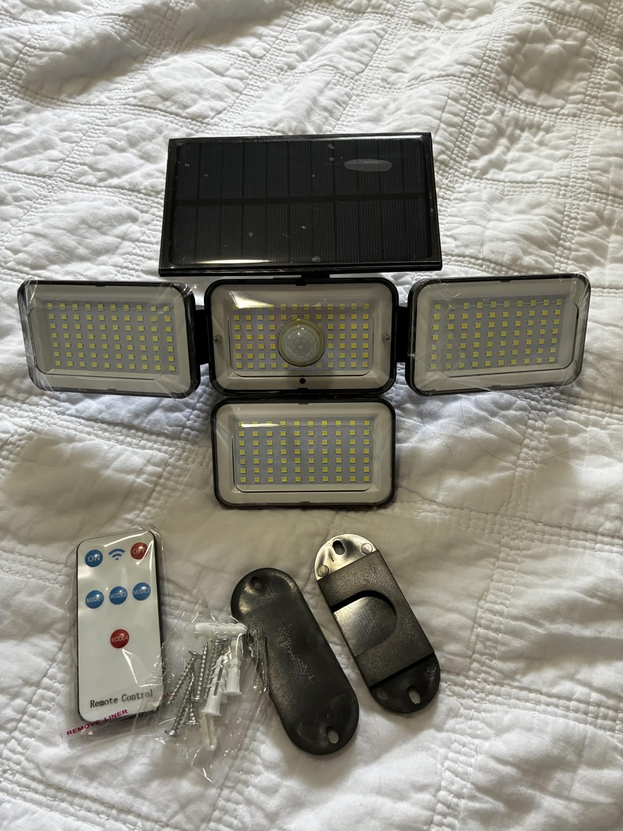 4 Head Solar Lights Outdoor Waterproof, 288 LED 2800LM Motion Sensor Outdoor Lights with Remote Control, Solar Flood Lights Outdoor for Patio, Garage, Yard, Wall, IP65 Security Lights 2 Pack customer photo 1